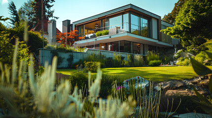 Obraz premium A large house with a lush green lawn and a rock garden