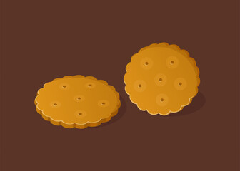 Freshly baked crackers isolated on brown background. Healthy eating, food illustration. Cookies with salt, popular snack. Vector in a realistic style.