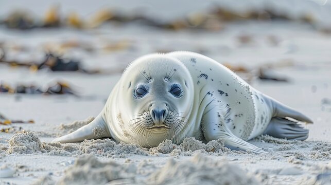 Grey seal (Halichoerus grypus), young animal lies on the beach, island Duene, Helgoland, Lower Saxony, Germany, Europe