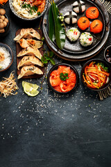.Traditional Japanese food dishes served on the table.