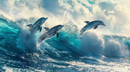 Three beautiful dolphins jumping over breaking waves. Hawaii Pacific Ocean wildlife scenery. Marine animals in natural habitat