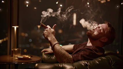 Brutal man smokes cigar. Media. Attractive man with beard smokes cigar coolly. Cinematic cigar...
