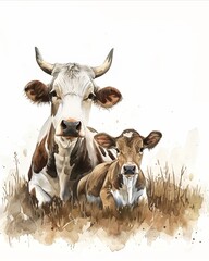 Cow and Its Baby Watercolor Illustration