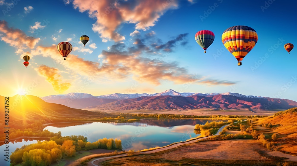 Wall mural bright and colorful hot air balloons floating over a scenic landscape at sunrise