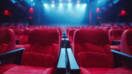 Obraz premium Empty Red Theater Seats Facing the Stage - Cinema, Entertainment, Movie Concept, Performance Venue, 4K Wallpaper