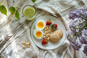 Homemade simple breakfast on kitchen table, green smoothie and boiled eggs, some strawberry, flowers of lilac, elevated luxurious morning everyday routine, closeup photo, AI generated image