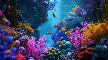 Underwater with colorful sea closeup life fishes and plant at seabed background, Colorful Coral reef landscape in the deep of ocean. Marine life concept.