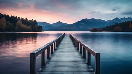 Obraz premium Rustic wooden pier extending into a tranquil lake at dusk, with mountains in the background