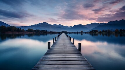 Fototapeta premium Rustic wooden pier extending into a tranquil lake at dusk, with mountains in the background