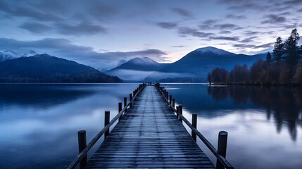 Obraz premium Rustic wooden pier extending into a tranquil lake at dusk, with mountains in the background
