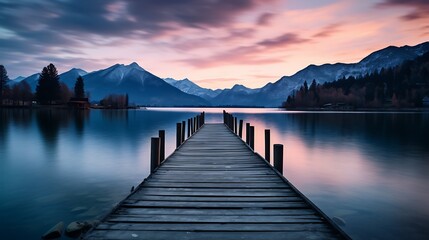 Rustic wooden pier extending into a tranquil lake at dusk, with mountains in the background