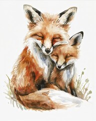 Fox with its child Watercolor Illustration