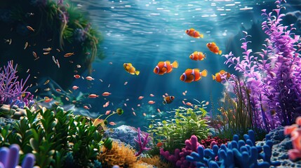 Underwater with colorful sea closeup life fishes and plant at seabed background, Colorful Coral...