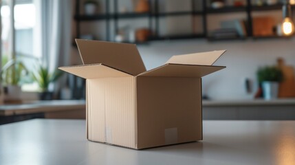 Open cardboard box on kitchen counter in modern apartment during daytime.
