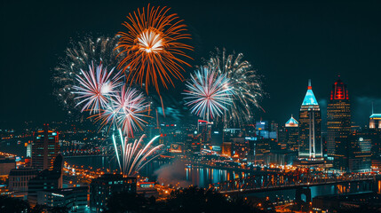 Fireworks exploding over a city skyline at night, with colorful bursts lighting up the buildings below. The continuous display of fireworks creates a festive and celebratory atmosphere.
