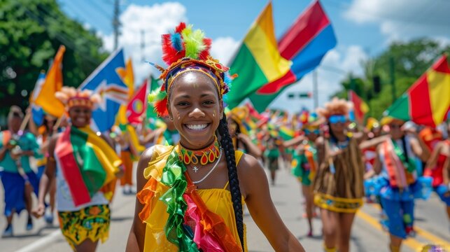 Celebratory Juneteenth Parade: Vibrant Marching Bands, Waving Flags, and Colorful Decorations Enhance Festive Atmosphere