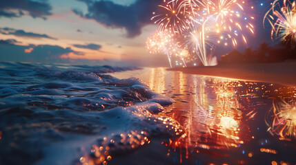 Fireworks bursting over a sandy beach, with waves gently rolling in and out in the background. The serene setting combined with the excitement of the fireworks creates a beautiful contrast.
