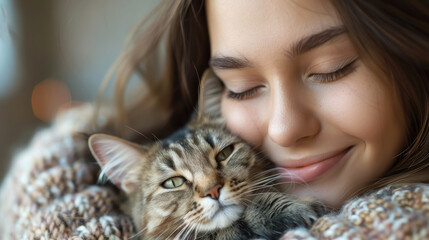 happy girl hugging a cat on the background of an animal shelter, pet store, pet, kitten, child, love, portrait, animals, face, furry, smile