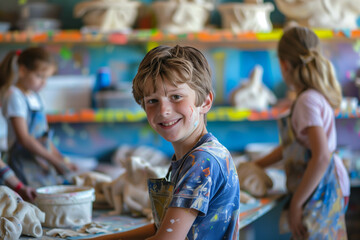 Young children smiling and creating pottery in art class