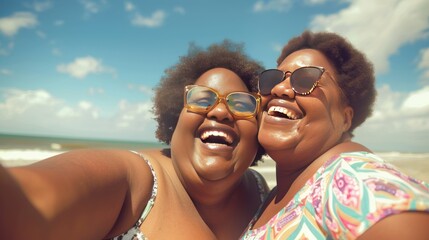 Obraz premium authentic portrait of black women resting on beach, facial expression with bold positive emotions, African-American female friends laughs, intense expression, grained photo in 90s style, AI generated