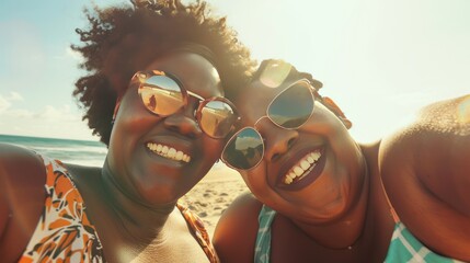 authentic portrait of black women resting on beach, facial expression with bold positive emotions, African-American female friends laughs, intense expression, grained photo in 90s style, AI generated