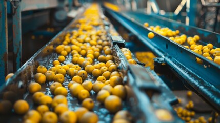 A conveyor belt moving freshly harvested fruits to the washing station in a fruit processing plant.
