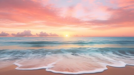 Serene sunrise over a calm ocean with gentle waves and a sandy beach