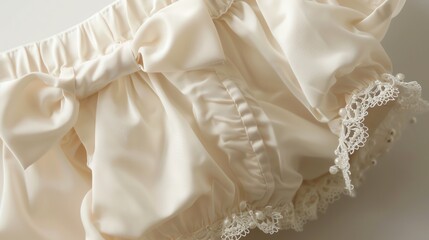 Baby bloomers with a lace trim and bow at the back