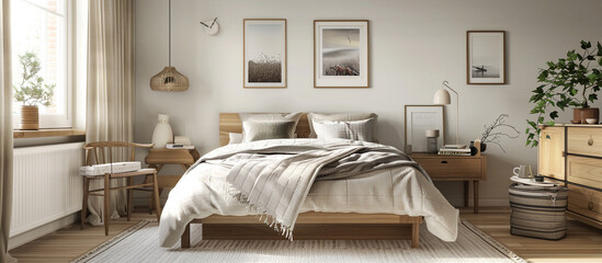 Scandinavian-inspired bedroom with clean lines, light wood, and simple decor. 32k, full ultra HD, high resolution.