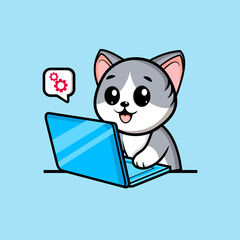 cute gray cat is sitting and smiling happy in front of the computer, working with a concept cartoon style illustration of a gear icon