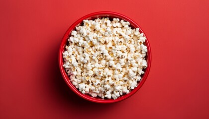 Red bowl filled with popcorn seen from above