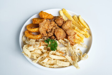 Mix Platter, a plate of snacks containing french fries, onion rings, chicken karaage, cheese stick

