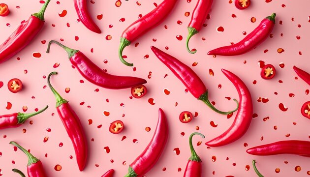 Red chili peppers arranged on a pink background Overhead perspective Flat lay of hot peppers Wallpaper featuring chili