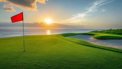 Red flag and sand bunker at the scenic oceanfront golf course during twilight