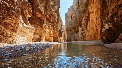 A stunning natural canyon formation with towering cliffs and a serene river running through it under a clear blue sky.