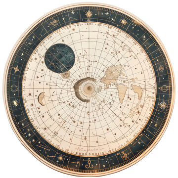 Vintage celestial map with stars, planets, and constellations on a detailed, decorative astronomical chart. Perfect for astrological themes.