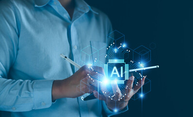 AI chat bot technology concept, business man using technology smart robot AI Intelligence, command...
