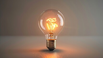 a single bare light bulb sitting on a table grey background. The light bulb is glowing brightly.