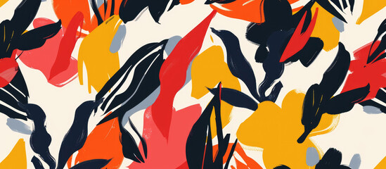 Abstract floral pattern with bold brush strokes and organic shapes in red, yellow, blue and orange on white background