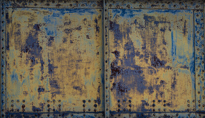 Photo closeup old rusty grunge steel aluminum fragment of protective structure made of metal plates...