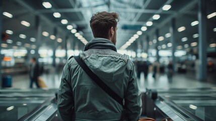 Solo traveler wearing a jacket in modern airport terminal during evening hours.