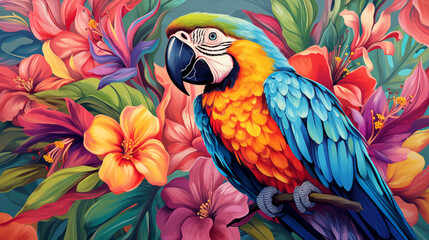 Guacamaya macaw on tropical flowers background. Colorful bird image