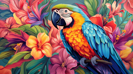 Fototapeta premium Guacamaya macaw on tropical flowers background. Colorful bird image