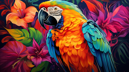 Guacamaya macaw on flowers tropical background. Colorful bird image