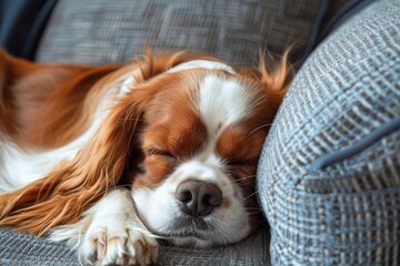 Small red dog napping on sofa