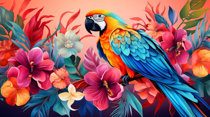 Guacamaya macaw with tropical flowers background. Colorful bird image