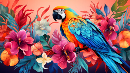 Obraz premium Guacamaya macaw with tropical flowers background. Colorful bird image