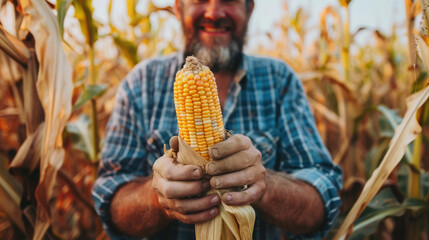farmer holds ears of ripe corn in his hands, field, harvest, man, food, autumn, plants, agriculture, maize, grass, cultivated plant, worker, farm, person, village, landscape