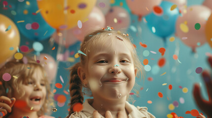 Delightful young girl enjoying her magical birthday party surrounded by colorful balloons