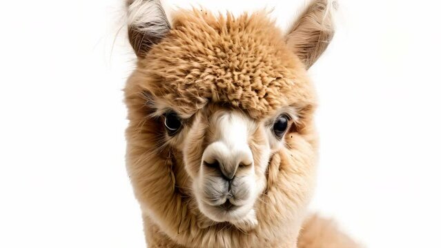 Fluffy baby alpaca with a curious expression isolated on white background